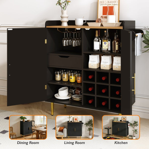 English Elm Modern Fluted Bar Cabinet with Wine Rack Glass Holders Adjustable Shelving and Hidden Drawer Black N728P438606B