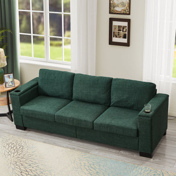 English Elm Two Two-Piece 5-Seater Sofa Set with Cup Holder & Storage, Polyester Upholstery, Solid Wood Frame, Coil Spring Seats, Removable Covers, Modern Square Arm Design for Living Room Comfort and Durability Green W1097S00197