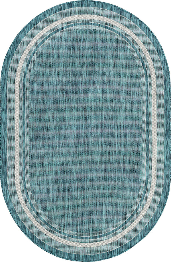 Unique Loom Outdoor Border Soft Border Machine Made Border Rug Teal, Ivory/Gray 5' 1" x 8' 0"