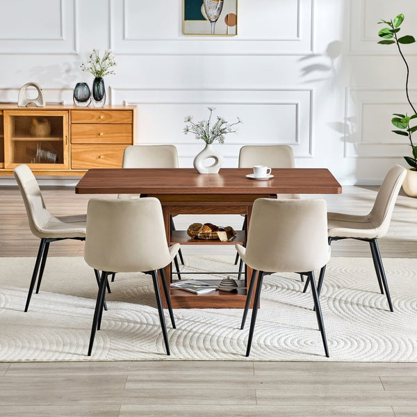 English Elm Expandable Walnut Finish Dining Set with Six Cushioned Pu Chairs for Modern Interiors Walnut+Black,Warm Grey W1151S04718