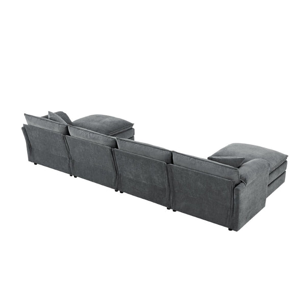 English Elm [video]136" Chenille U-shaped Sectional Six Seat Cloud Sofa with Movable Ottomans Dark Gray N723S1687B