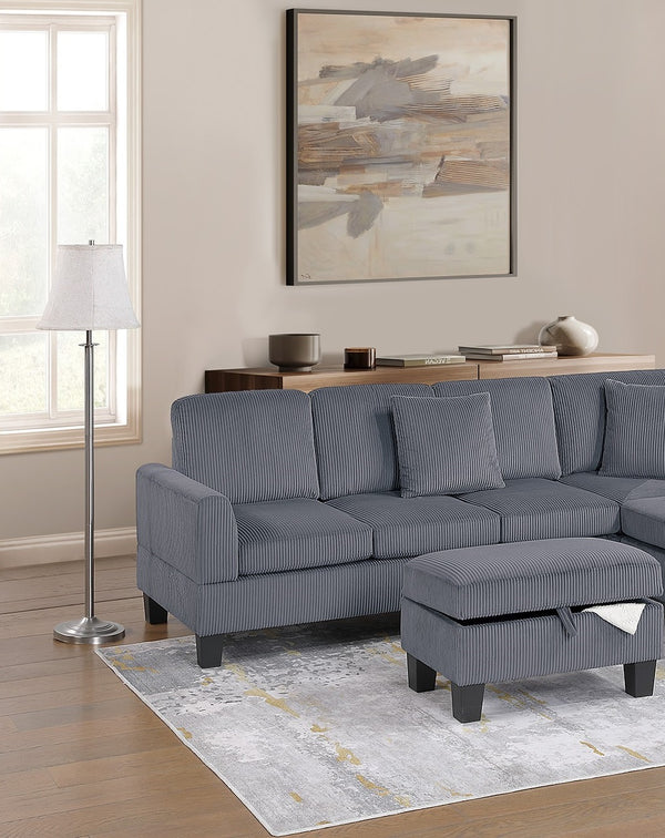 English Elm 3pc Corduroy Sectional Sofa Set with RAF Chaise, Storage Ottoman & Accent Pillows for Cozy Living Dark Gray 20 L x 13 W x 30 H B011S01763
