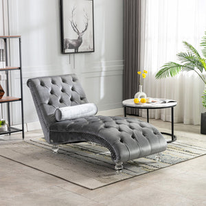 English Elm Velvet Curved Chaise Lounge Sofa with Button-Tufted Back, Thick Foam Cushion & Acrylic Legs for Living Room Comfort Silver W39538683
