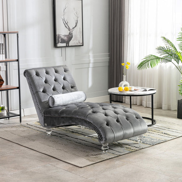 English Elm Velvet Curved Chaise Lounge Sofa with Button-Tufted Back, Thick Foam Cushion & Acrylic Legs for Living Room Comfort Silver W39538683