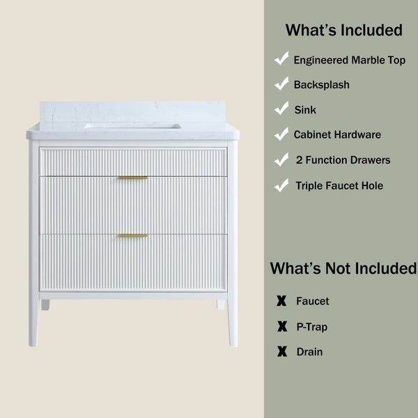 English Elm Fully Assembled 36 Inch White Bathroom Vanity with Carrara Marble Top and Soft Close Cabinet W1826P439634