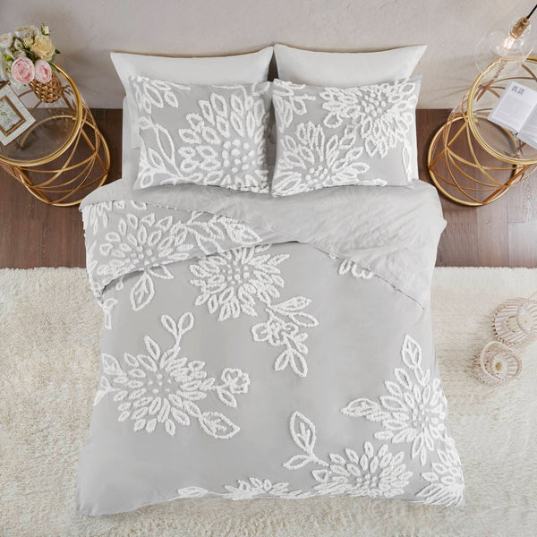 JLA Home Madison Park - 3 Tufted Cotton Chenille Floral Duvet Cover Set — Shabby Chic Warm Grey with Button Closures & Ties 90 L x 90 W x 0.13H MP12-6394