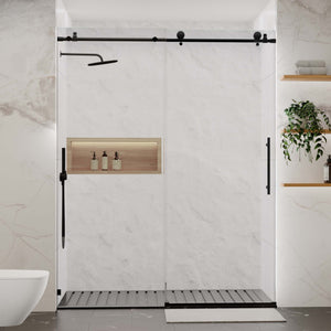 English Elm 56-60"W Frameless Sliding Shower Door with 5/16" Tempered Glass, Smooth Whisper-Quiet Rollers, Easy-Clean Coating Matt Black W1865S00162
