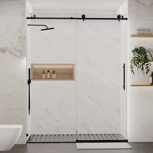 English Elm 56-60"W Frameless Sliding Shower Door with 5/16" Tempered Glass, Smooth Whisper-Quiet Rollers, Easy-Clean Coating Matt Black W1865S00162
