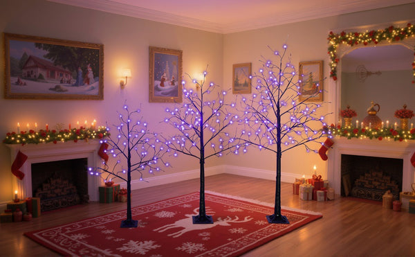 English Elm 3 Pack Halloween Spooky Tree Set with Purple LED Lights, 4ft‑6ft Hinged UV‑Resistant Indoor Decor (96) PX283443AAF