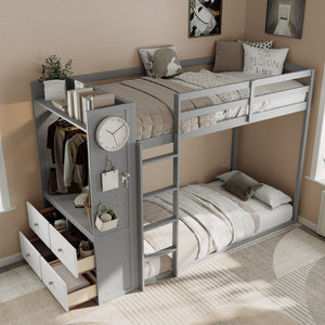 English Elm Twin Bunk Bed with Storage Drawers Hanging Rail Led Shelves and Pegboard Organizer Gray LT000282AAE
