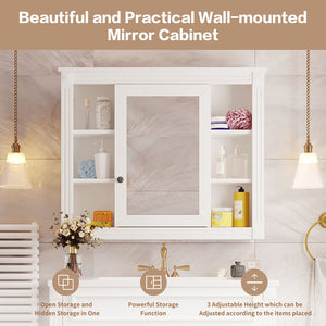 English Elm 35'' Modern Medicine Cabinet with Mirror and Towel Rod, MDF Wall-Mounted Bathroom Storage with Adjustable Shelves and Soft-Close Hinges White WF305081AAK