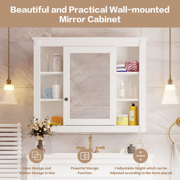 English Elm 35'' Modern Medicine Cabinet with Mirror and Towel Rod, MDF Wall-Mounted Bathroom Storage with Adjustable Shelves and Soft-Close Hinges White WF305081AAK