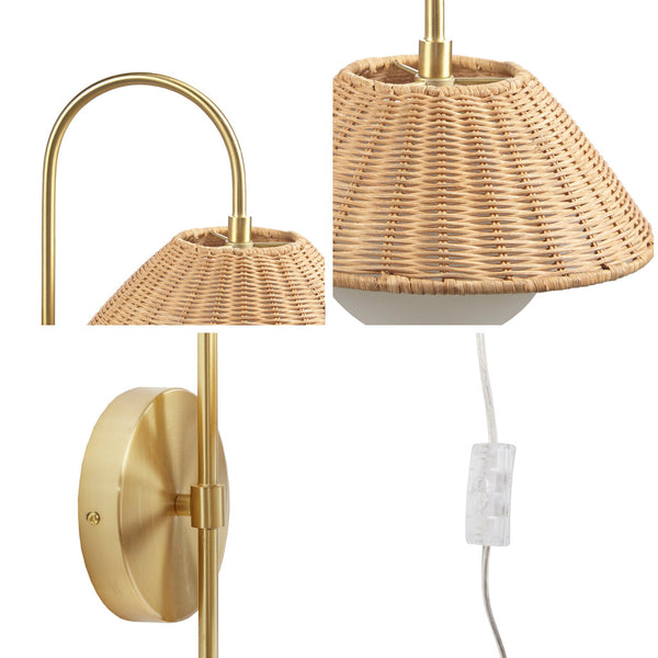 JLA Home INK+IVY - Rattan Artisan Wall Sconce with Gold Accent, Frosted Globe & 60" Cord — Plug-In Ambient Lighting II155-0145