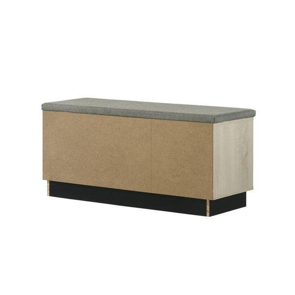 English Elm 38.5"w Oak Entryway Shoe Cabinet Sliding Doors Upholstered Bench Seat Storage B016P416189