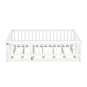 English Elm Full Size Pine Montessori Floor Bed with Fence & Removable Door, Sturdy Kids Bed White Playhouse W1820P349301