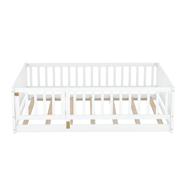 English Elm Full Size Pine Montessori Floor Bed with Fence & Removable Door, Sturdy Kids Bed White Playhouse W1820P349301