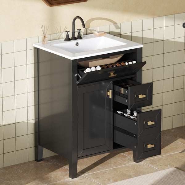 English Elm "24'' 24 Inch Glossy Freestanding Bathroom Vanity with Gold Hardware and Soft Close Storage Black Rubberwood N725P448529B