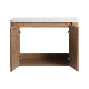 English Elm 30'' Wall-Mounted Bathroom Vanity with Soft-Close Doors, Rounded Edges, Plywood Durability, Space-Saving Imitative Oak W999P348977