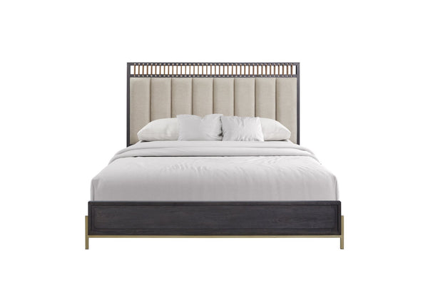 English Elm Queen Upholstered Headboard Bed Walnut Veneer Frame Transitional Bedroom Furniture B2699S00087