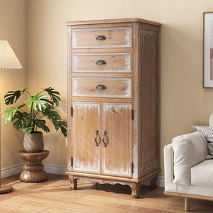 English Elm Rustic Farmhouse Tall Narrow Wood Cabinet Distressed Finish Cutout Door Drawers Natural Wood W2295P457174