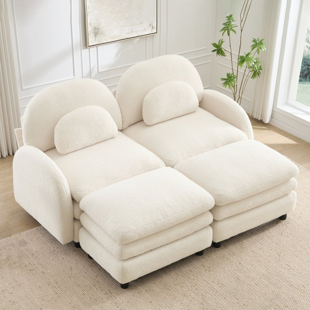 English Elm Teddy Fleece Modular Cloud Sofa with Curved Silhouette Ottomans and Lumbar Pillows Beige White W5656S00078
