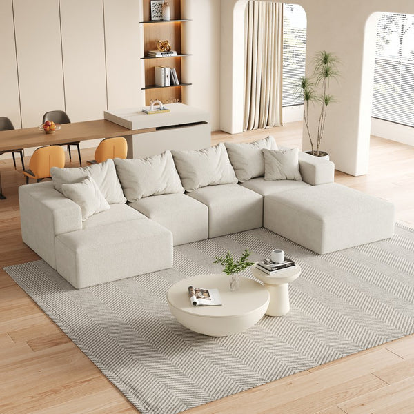English Elm Modern Upholstered Modular Sectional Sofa Set 132" L-Shaped No-Assembly Chenille Comfort Hub with 6 Pillows Beige W834S00498
