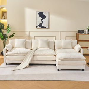 English Elm 108" L-shaped Chenille Cloud Sectional Deep Seat Sofa with Ottoman for Living Rooms Beige W3244S00003