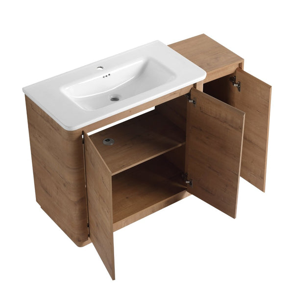 English Elm 48" Floating Bathroom Vanity Dual Ceramic Vessel Sinks Oak Finish Soft Close Doors W999S00512
