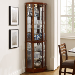 English Elm 6 Shelf Lighted Corner Curio Cabinet with Adjustable Tempered Glass Shelves, Acrylic Mirror Back, Solid Wood Frame Walnut W1693P170906