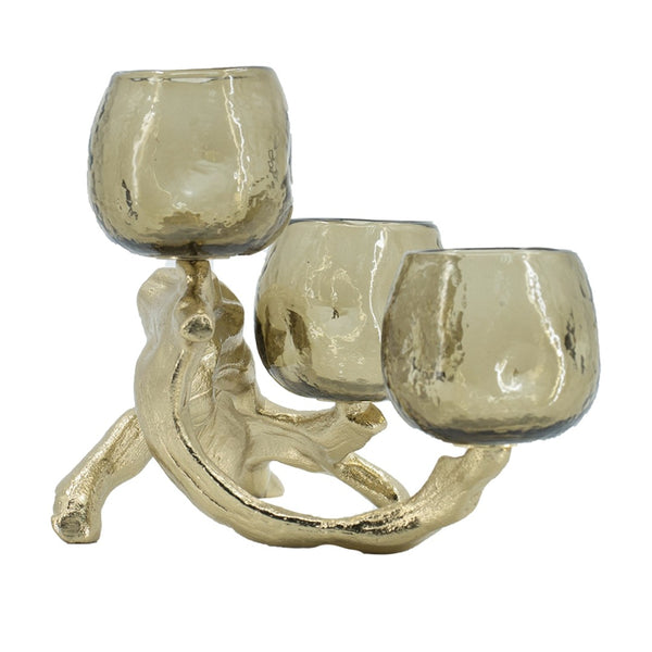 English Elm 15.7x9.1x7.9" Gold Aluminum Branch Votive Holder with Three Glass Cups for Glam Decor W2078P490404