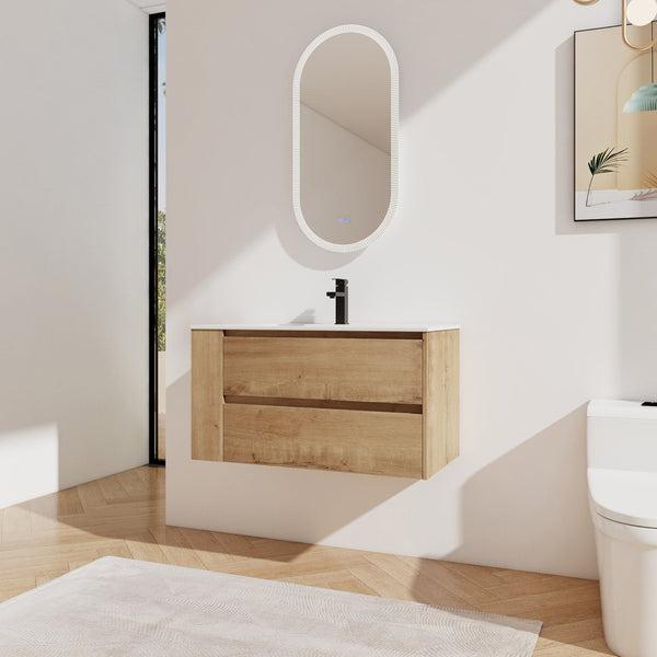 English Elm 36" Wall Mounting Bathroom Vanity With Ceramic Sink, Side Adjustable Shelf, Soft-Close Drawers, Water-Resistant Plywood Finish W999S00142