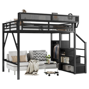English Elm Queen Metal Loft Bed with Staircase Wardrobe and Shelves for Teens Adults W2580S00090