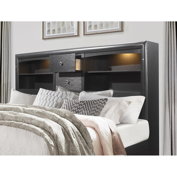English Elm Civic King Platform Storage Bed Bookcase Headboard with Built-in Lighting Gray B201S00485