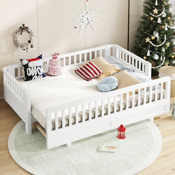 English Elm Twin Xl Platform Bed Frame With Guardrails - Solid Pine Wood, Convertible To Queen, White Finish W1580S00241-GIGA