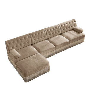 English Elm 135" Chesterfield Velvet Sectional with Tufted Back Tassel Skirt and Modular Living Room Design Camel W714S01700
