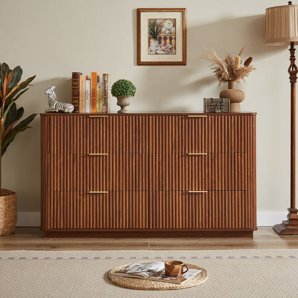 English Elm 6 Drawers Dresser Stylish 55" Wide Curved Wave Chest with Ample Storage, Sturdy Top for TV Use Walnut W1820P324616