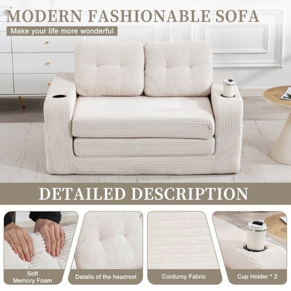 English Elm Convertible Floor Sofa Bed with Memory Foam and Ribbed Corduroy for Small Spaces Beige W395P438025