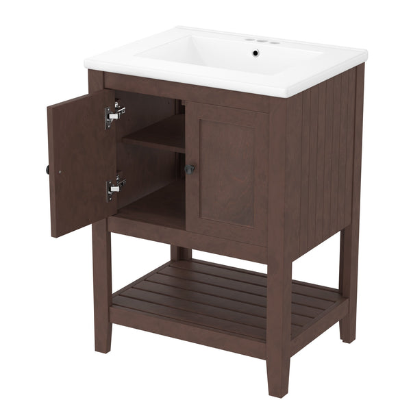 English Elm 24" Modern Sleek Bathroom Vanity with Ceramic Sink, Solid Wood Frame, Waterproof Finish and Open Shelf Storage Brown N725P246473D