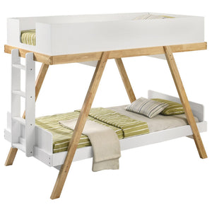 English Elm Crispin Twin Over Kids Bunk Bed Farmhouse Trestle Frame with Foam Mattresses White B062S01523