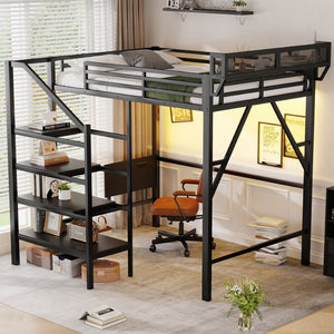 English Elm Full Size Metal Loft Bed with Foldable Desk Staircase Storage and Led Lighting W2580S00072