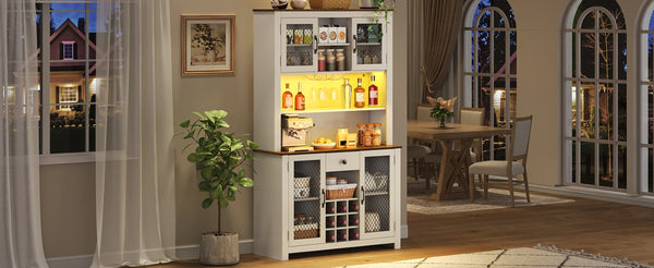 English Elm 70.9" Farmhouse Hutch Pantry with Led Lighting Wine Rack Mesh Doors and Built-in Power White CH361426AAK