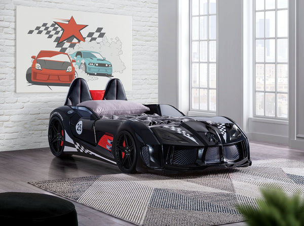 English Elm Modern Race Car Twin Bed with Led Lights Magnetic Doors and Leatherette Upholstery Black B2741S00910