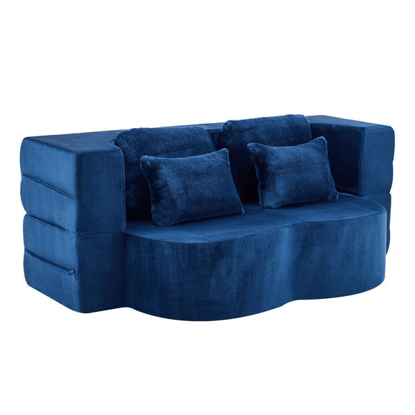 English Elm Queen Foldable Sofa Bed with Plush Chenille Cover, High-Density Foam Convertible Futon for Living Room Guest Room Bedroom Blue W1829P348211