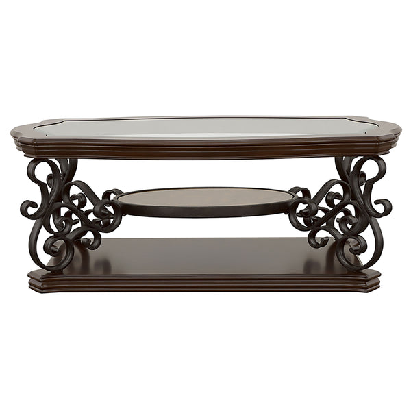 English Elm Bianca Merlot 2-Shelf Glass Top Coffee Table with Cherry Veneer Finish, Spacious Display & Warm Elegance B062P328727