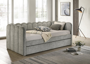 English Elm Luxurious Scalloped Daybed with Integrated LED Lighting, Upholstered Pull-Out Trundle, Light Gray Chic Retreat B011S01958
