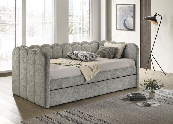 English Elm Luxurious Scalloped Daybed with Integrated LED Lighting, Upholstered Pull-Out Trundle, Light Gray Chic Retreat B011S01958