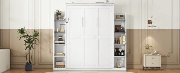 English Elm Full Size Murphy Wall Bed with Led Lighting Open Shelves Space Saving Cabinet White LP000694AAK-2