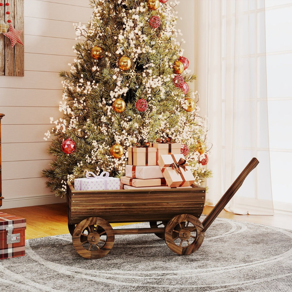 English Elm Outsunny Carbonized Fir Wood Wagon Planter on Wheels Rustic Farmhouse Garden Cart W2225P485575