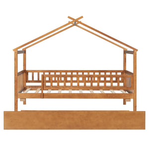 English Elm Twin House Bed with Trundle Solid Pine Frame Walnut Kids Bedroom Sleepover N708P357115L