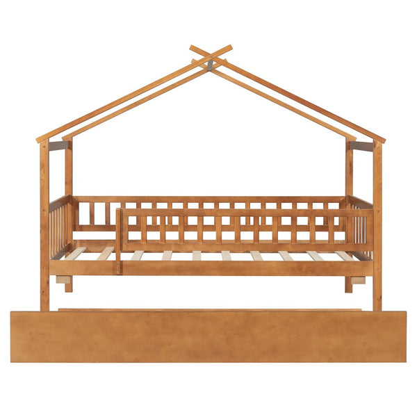 English Elm Twin House Bed with Trundle Solid Pine Frame Walnut Kids Bedroom Sleepover N708P357115L